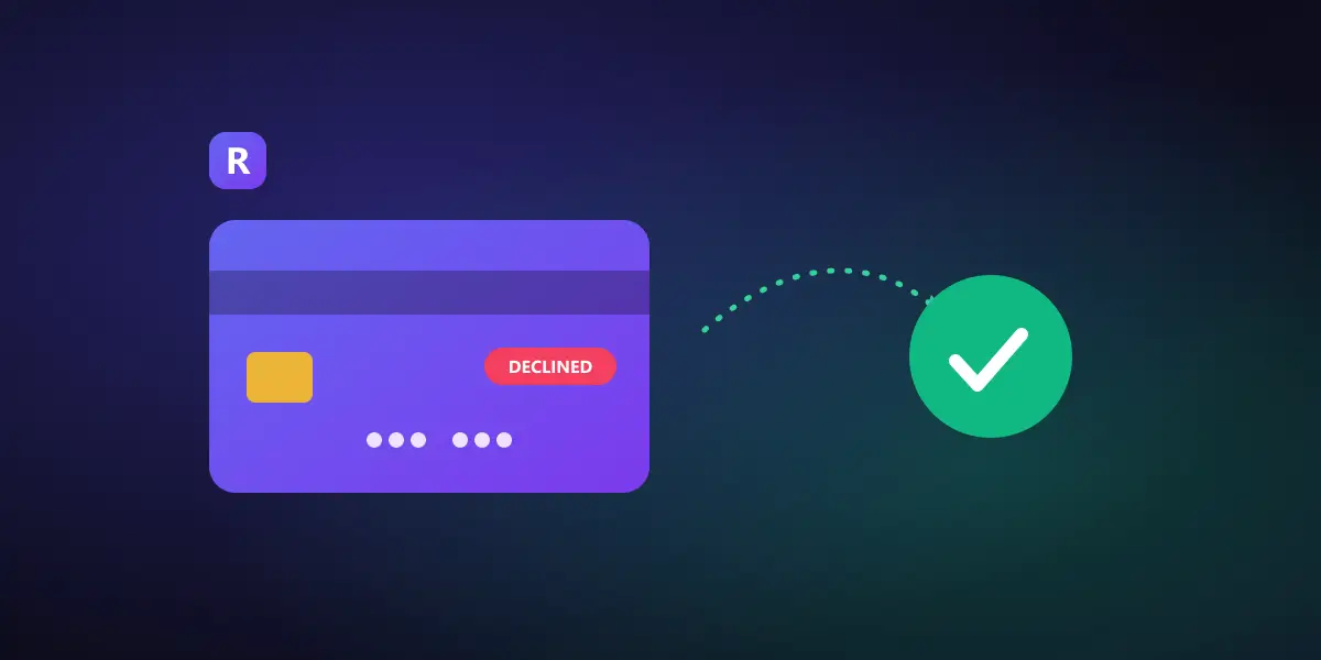 A declined credit card recovered via a retry arc into a green checkmark