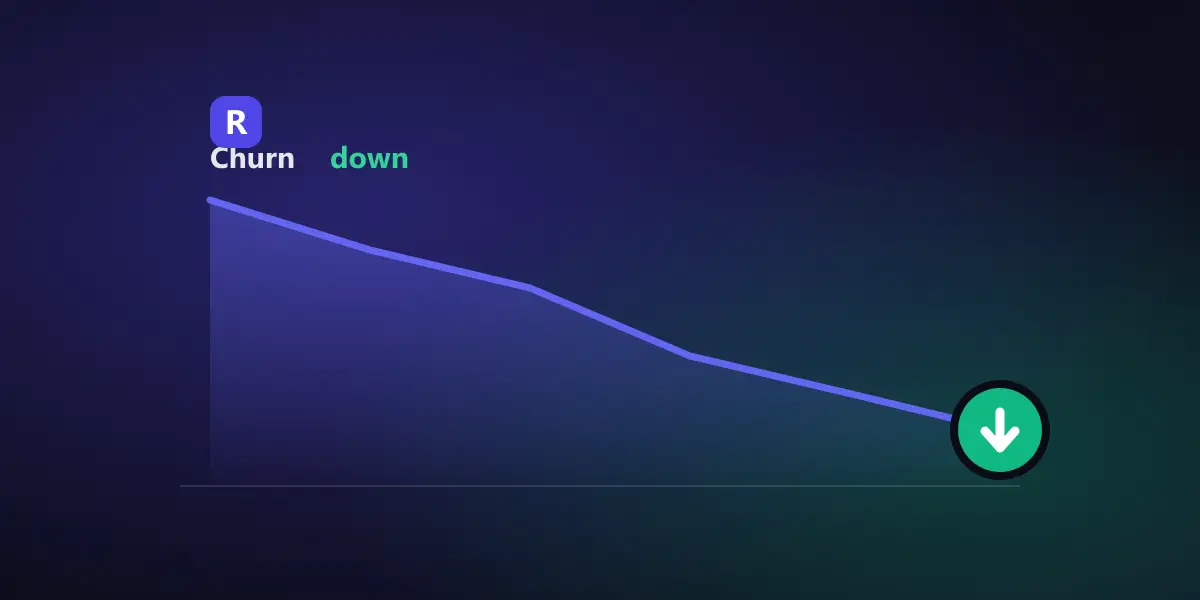 A churn rate line trending downward with a green downward badge