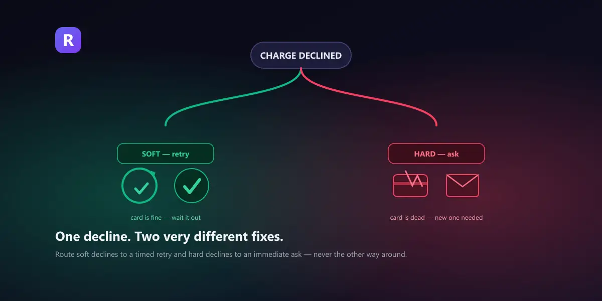 A single declined-charge event forking into two paths — a soft, emerald retry loop back to a green checkmark, and a hard, rose path straight to a cracked card and an envelope asking for new details